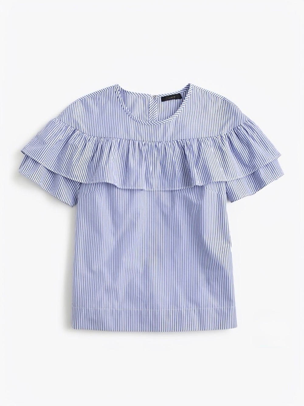 J. Crew ‘Edie’ Ruffled Cotton Short Sleeve Top in White & Blue Shifting Stripes